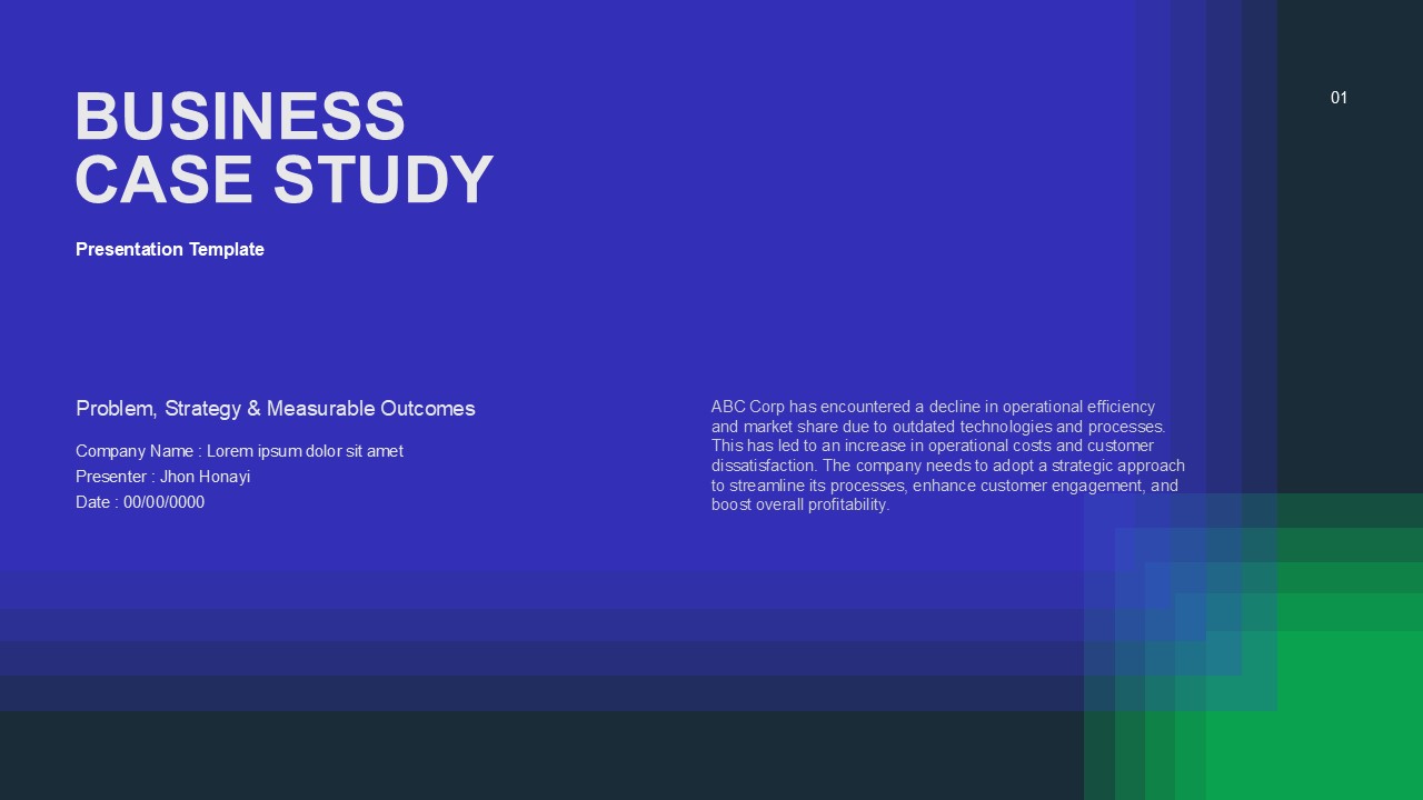 Business Case Study Template - title slide with blue-green gradient, company details, and overview text