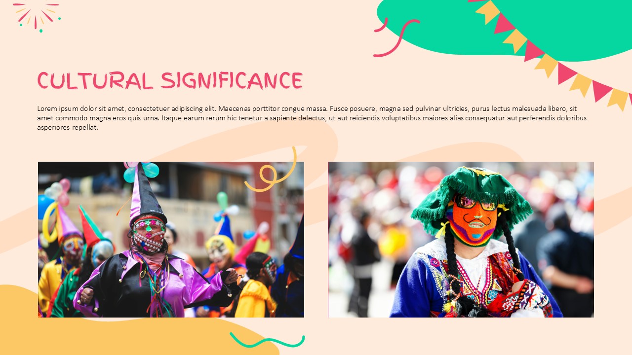 Carnival PowerPoint Template - Cultural significance slide with traditional costume imagery and educational content