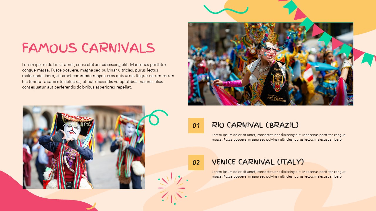 Carnival PowerPoint - Famous carnivals slide featuring Rio and Venice carnival information with performer photos