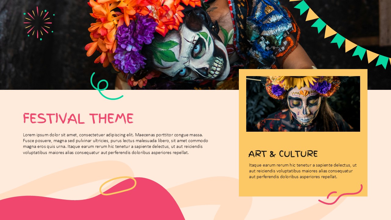Carnival Slides Template - Festival theme slide with Day of the Dead imagery and art culture section