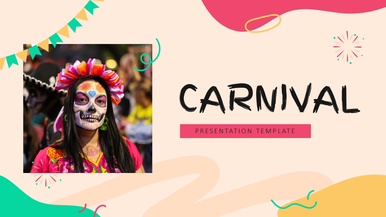 Carnival Google Slides Template - Title slide with festive design and Day of the Dead carnival imagery