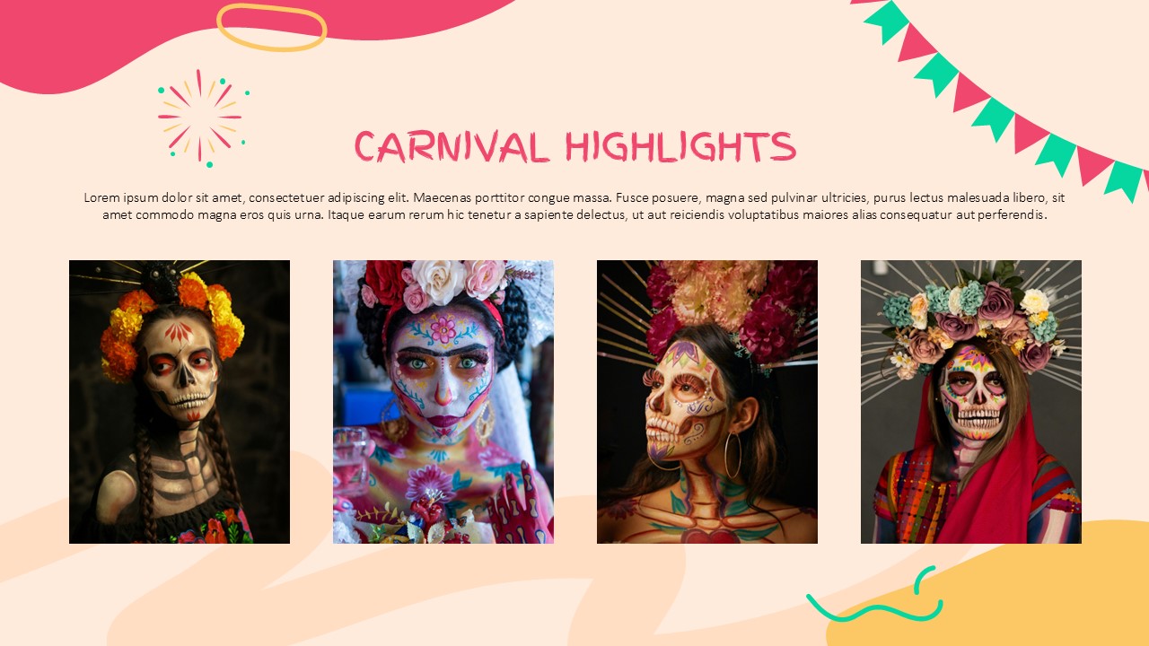 Carnival Template - Highlights gallery slide with four carnival images showing diverse cultural celebrations
