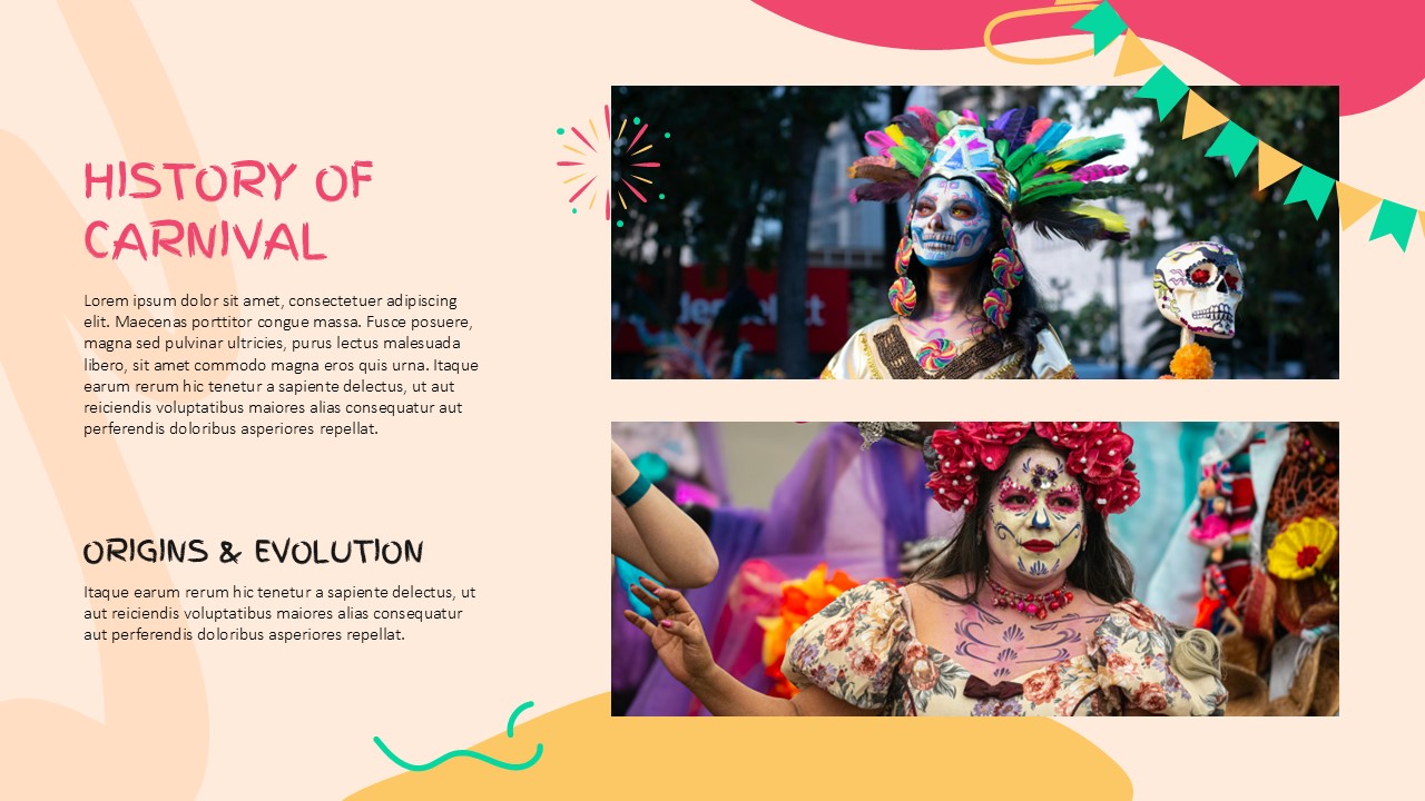 Carnival Template - History slide covering carnival origins with cultural performer imagery and structured text