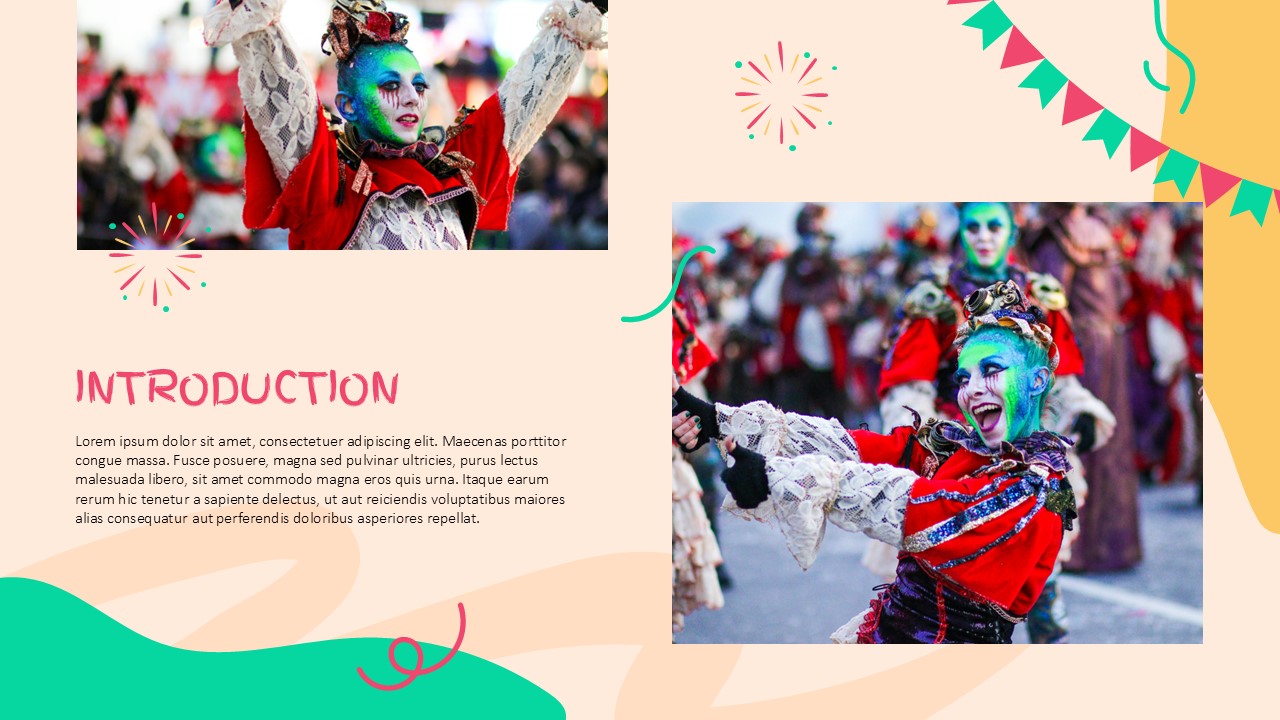 Carnival PowerPoint Template - Introduction slide with two-column layout and carnival performer photos