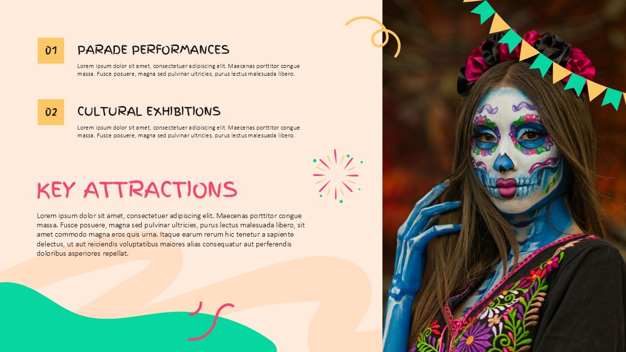 Carnival Google Slides - Key attractions slide with parade performances and cultural exhibitions content
