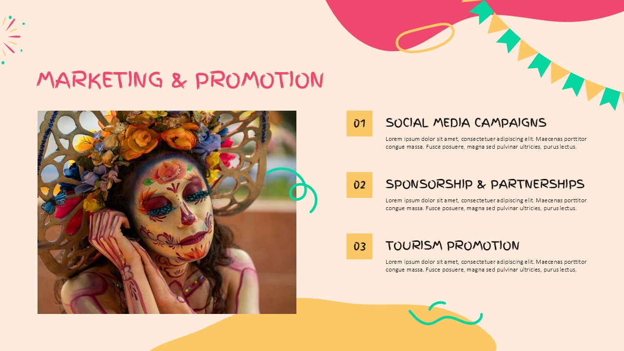 Carnival Template - Marketing and promotion strategy slide with social media and sponsorship sections