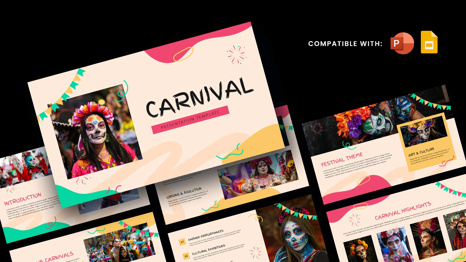 Carnival Template - Overview of festive presentation slides with vibrant colors and carnival theme elements