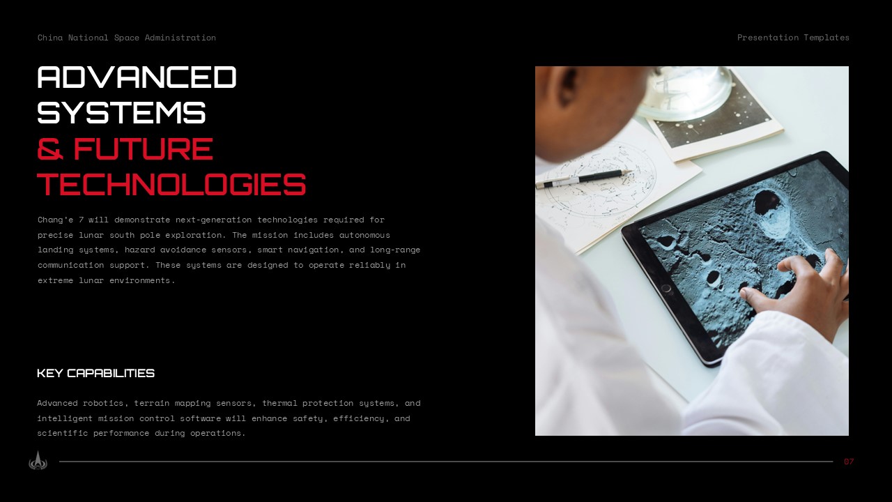 Chang'e 7 Technology Template - Advanced systems slide with key capabilities and innovation showcase