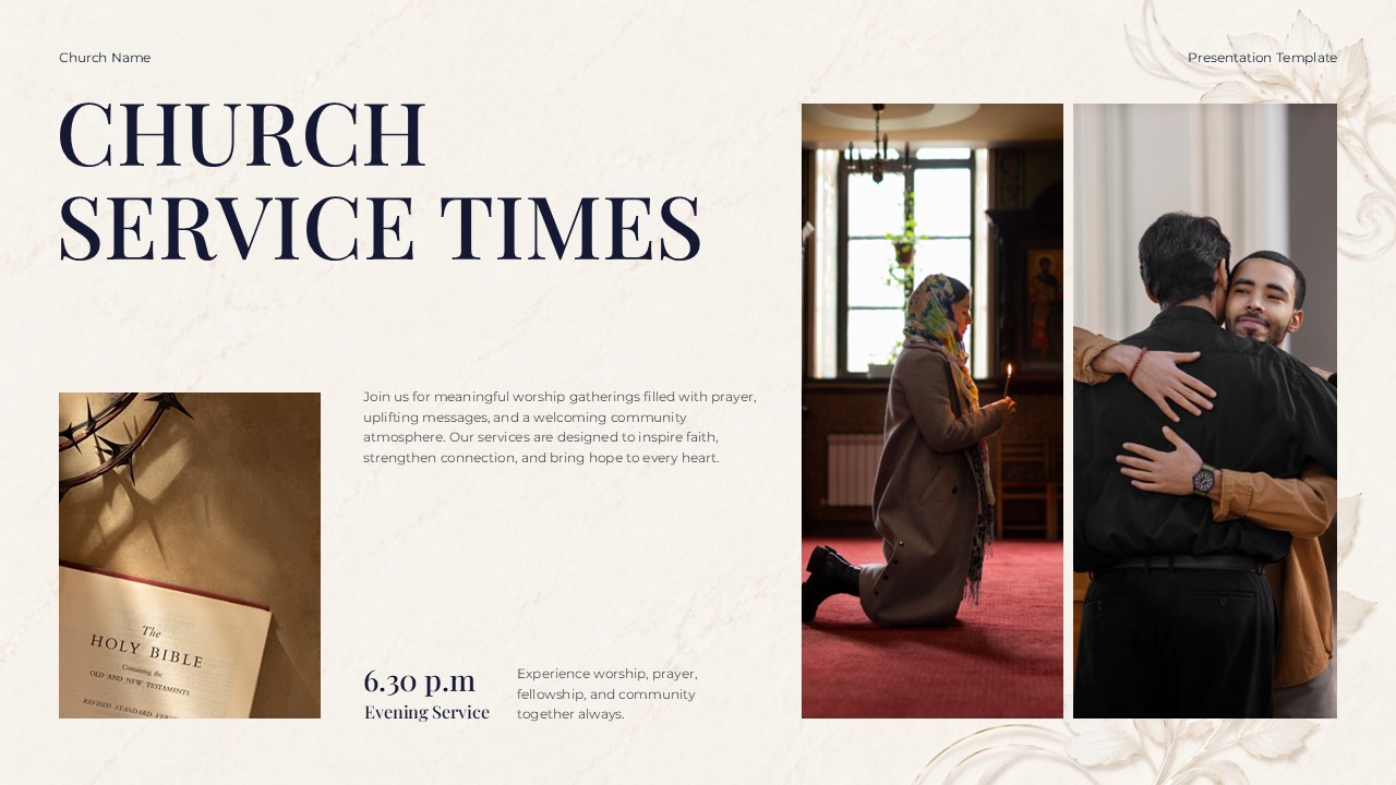 Christianity Template - Church Service Times with Bible and prayer photos