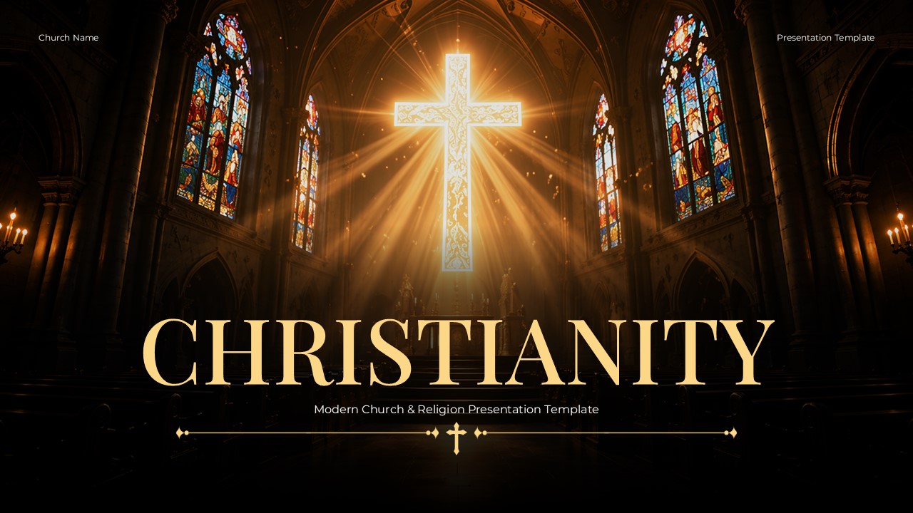 Christianity Template - Gothic cathedral interior with glowing cross
