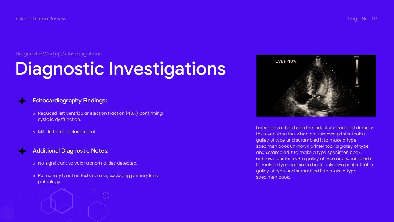 Clinical Case Review Template - Echocardiography findings with LVEF measurement and detailed diagnostic notes