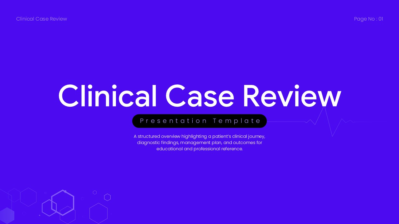 Clinical Case Review Template - Professional title slide with purple gradient and geometric hexagonal design elements