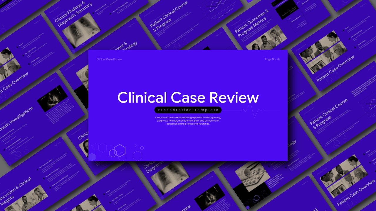 Clinical Case Review Template - Isometric grid showcasing comprehensive medical presentation slides in purple theme