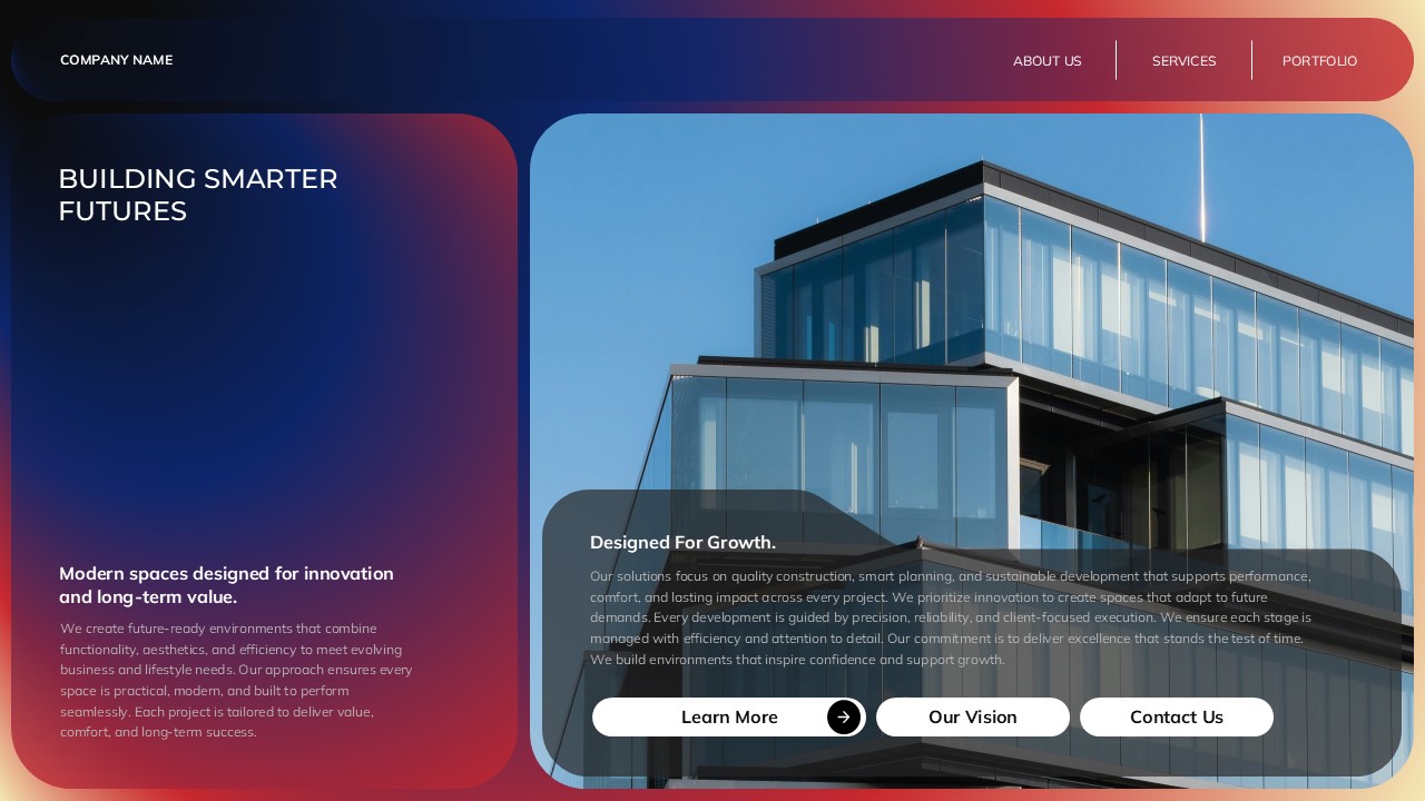 Company Overview Template - Building smarter futures slide with modern office architecture and growth content
