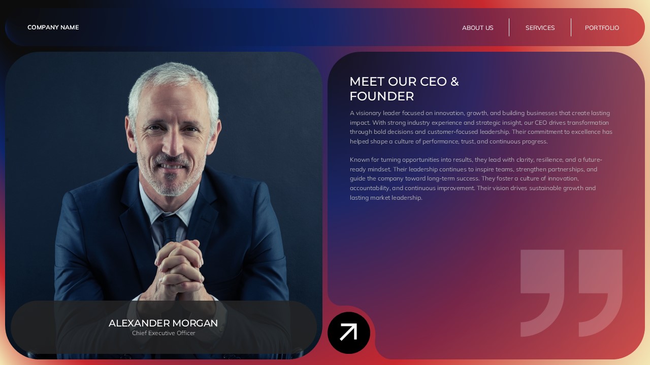 Company Overview Template - CEO founder slide featuring Alexander Morgan portrait and leadership biography