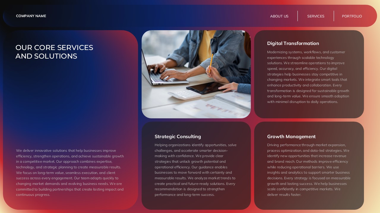 Company Overview Template - Core services slide with four-quadrant layout and digital transformation content