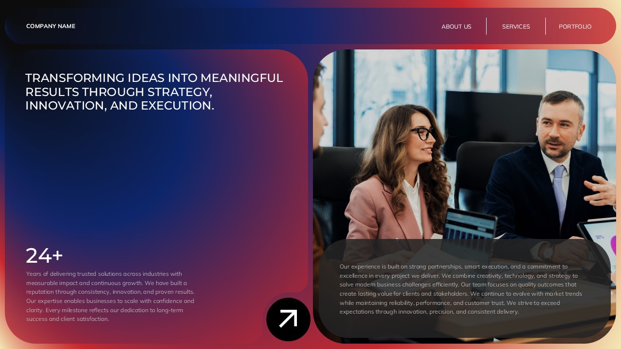 Company Overview Template - Experience and expertise slide featuring 24+ years and professional team photo