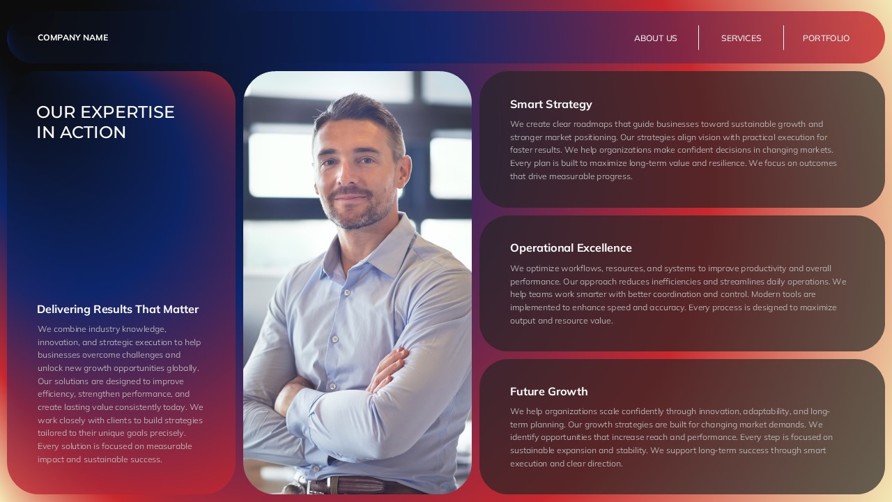 Company Overview Template - Expertise in action slide with professional headshot and strategy sections