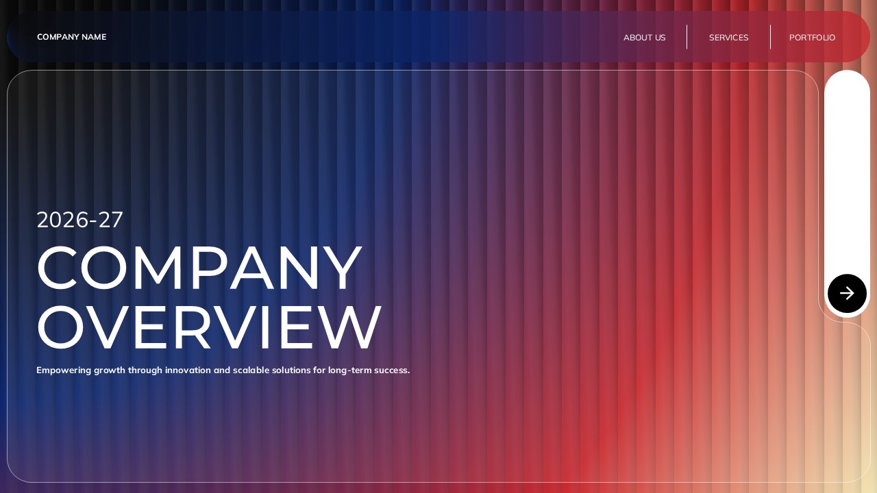 Company Overview Template - Title slide with 2026-27 branding and innovation tagline on gradient background