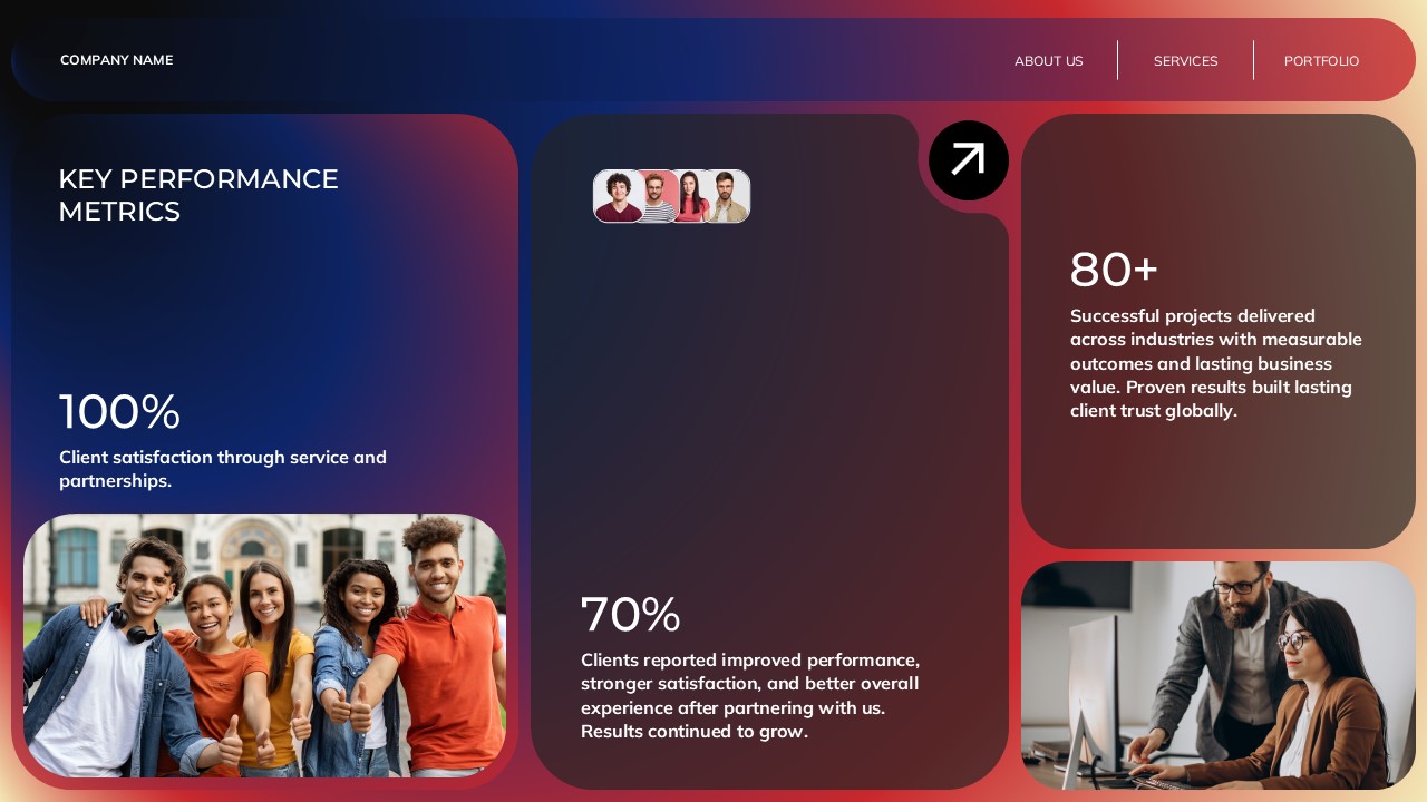 Company Overview Template - Key metrics slide showing 100% satisfaction, 70% performance, and 80+ projects