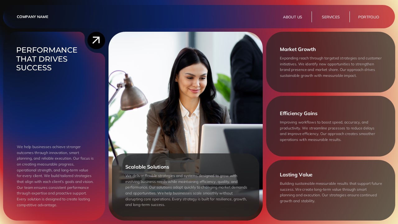 Company Overview Template - Performance success slide with professional woman and scalable solutions content