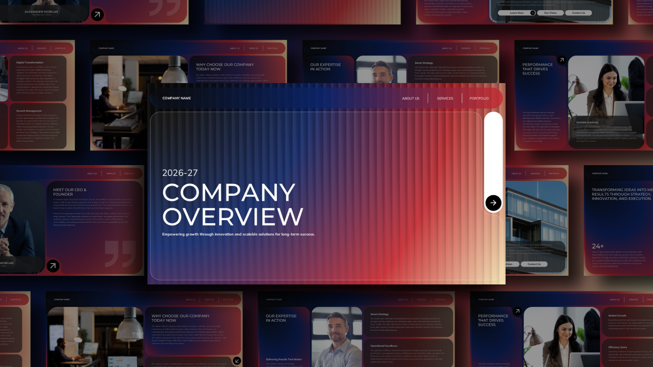 Company Overview Template - Complete presentation preview with blue-red gradient design and 11 professional slides