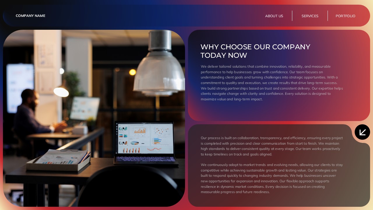 Company Overview Template - Why choose us slide with workspace imagery and collaborative process content