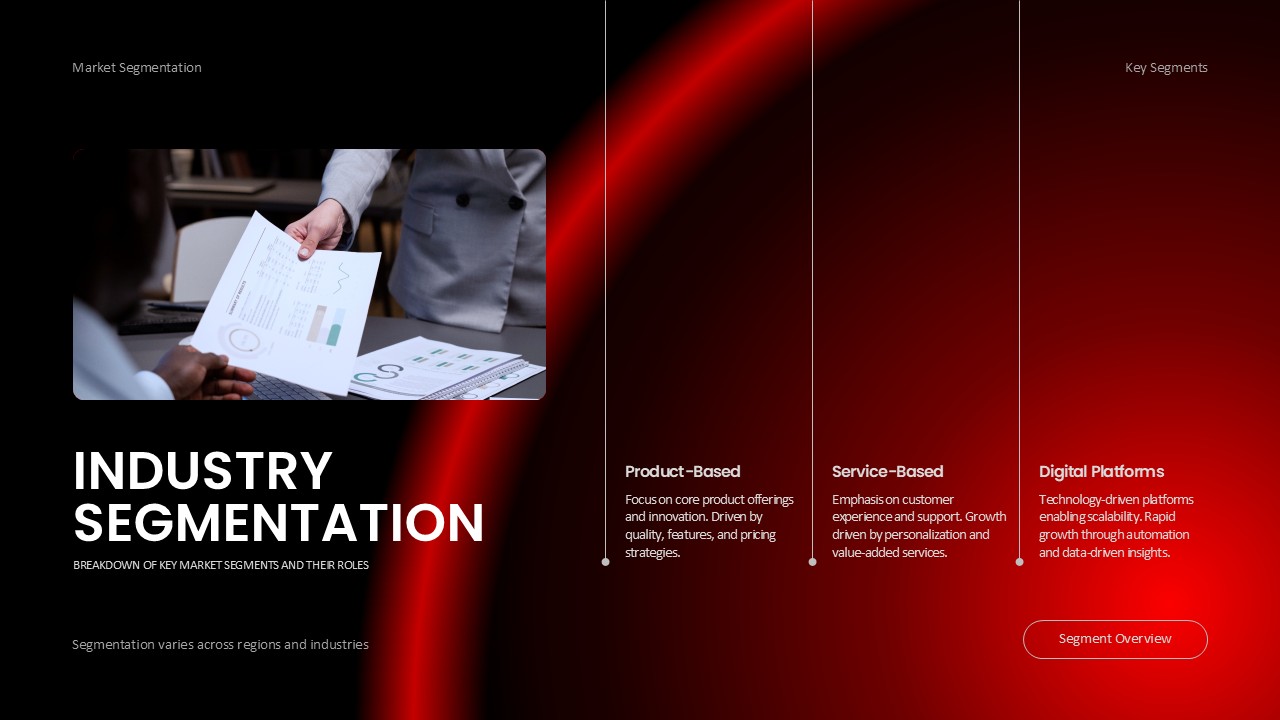 Competitive Industry Report Template - analytics photo with three color-coded segmentation categories layout