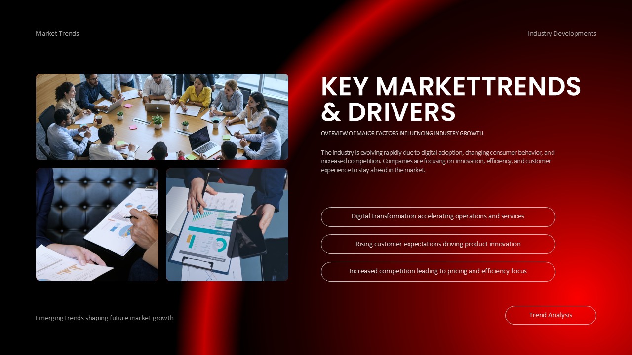 Competitive Industry Report Template - business images with three styled trend category buttons on gradient background