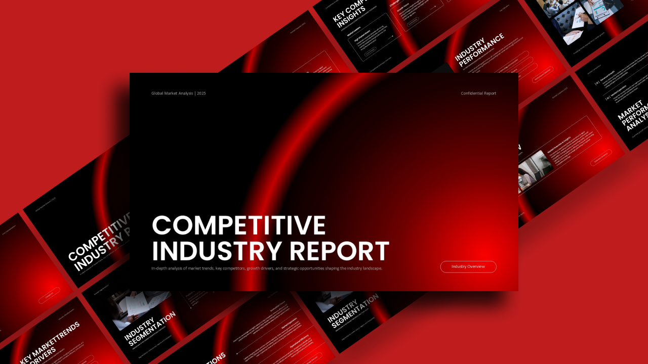 Competitive Industry Report Template - cover slide with black-to-red gradient, scattered thumbnails, white title text