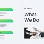 Corporate Annual Report Template - services slide with three green service boxes and business meeting photograph