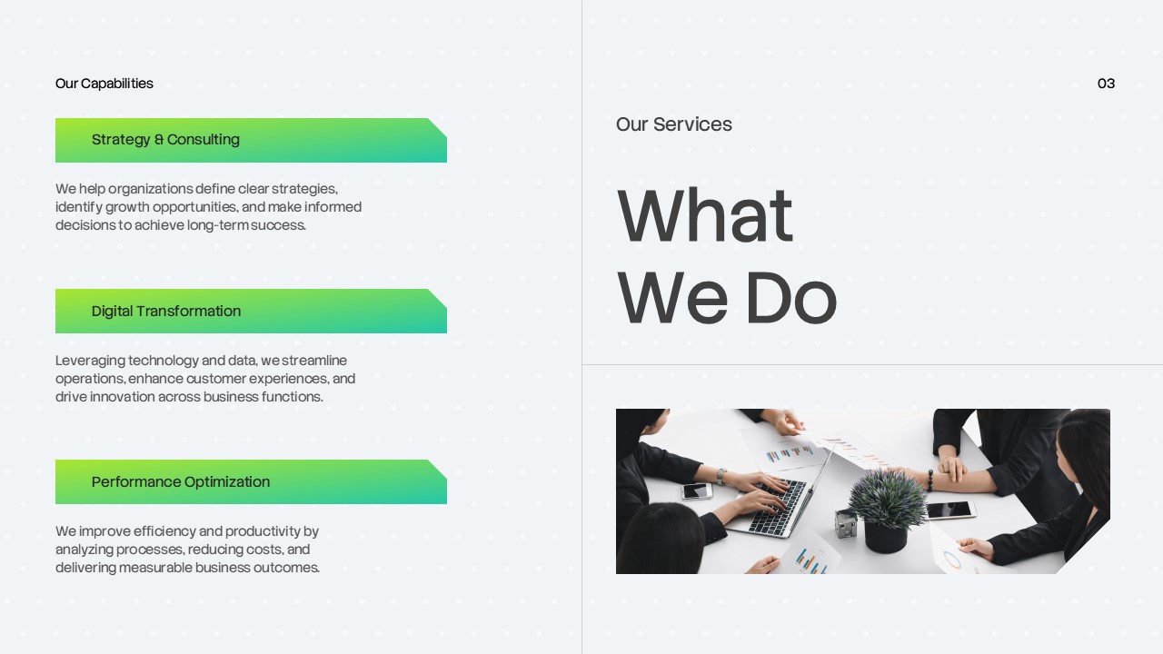 Corporate Annual Report Template - services slide with three green service boxes and business meeting photograph