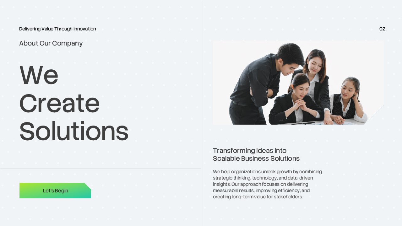 Corporate Annual Report Template - split layout with 'We Create Solutions' text and business team collaboration photo