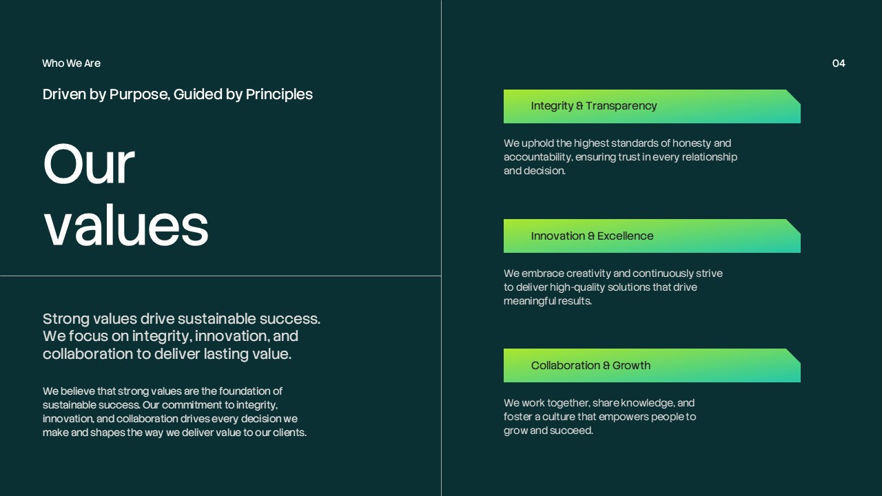 Corporate Annual Report Template - dark teal slide with company values in three bright green highlighted sections
