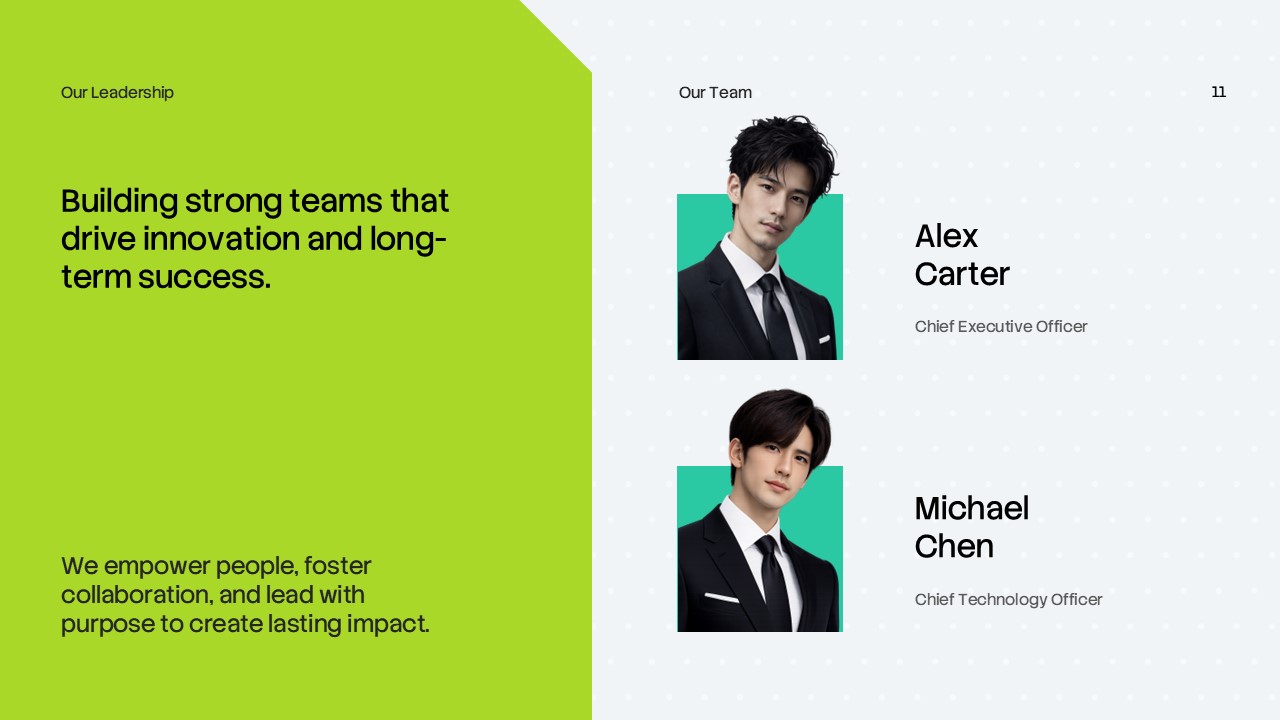 Corporate Annual Report Template - executive profiles with two leadership headshots and green photo backgrounds