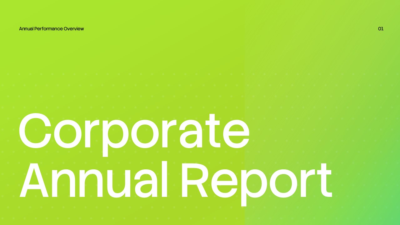 Corporate Annual Report Template - title slide with lime green background and minimalist white typography layout
