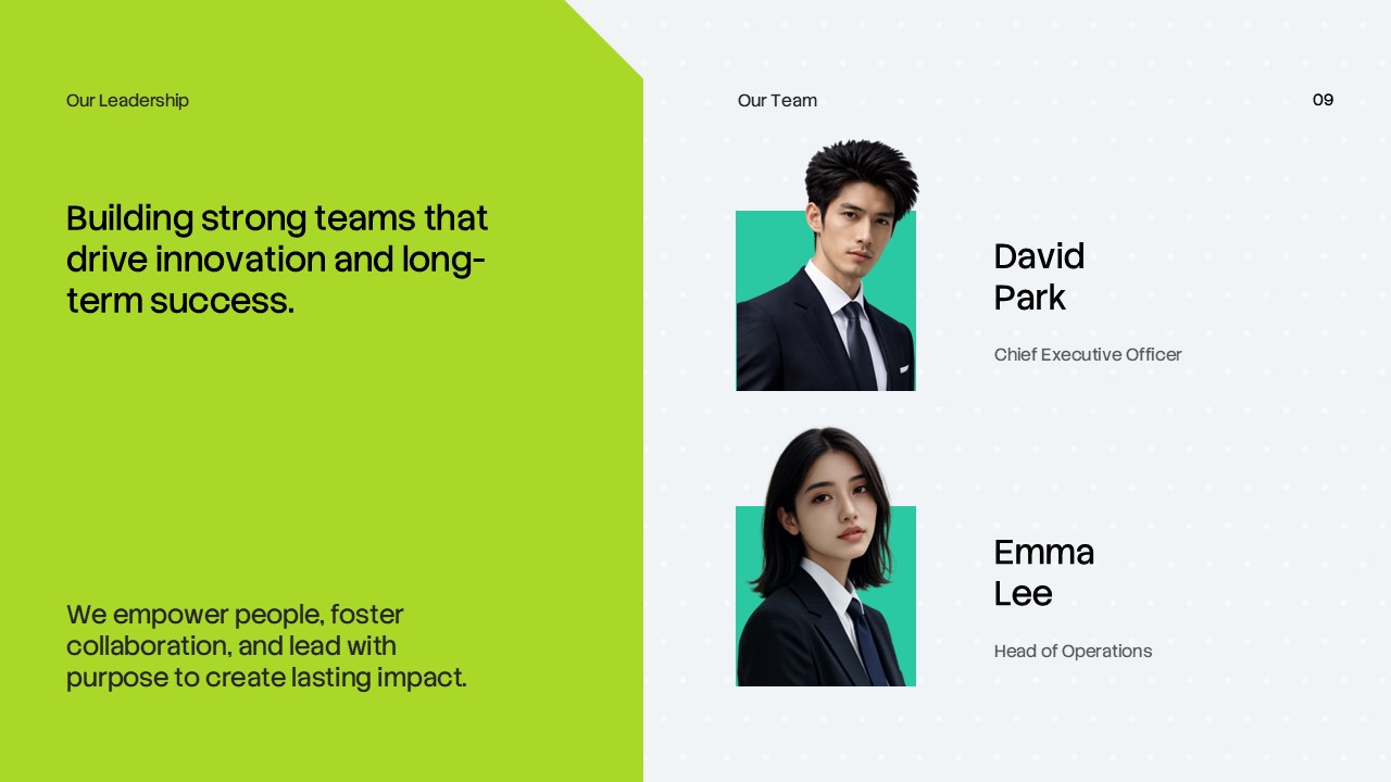 Corporate Annual Report Template - team slide with two executive headshots and green backgrounds behind photos