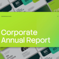 Corporate Annual Report Template - bright green cover slide with white title text and slide preview thumbnails