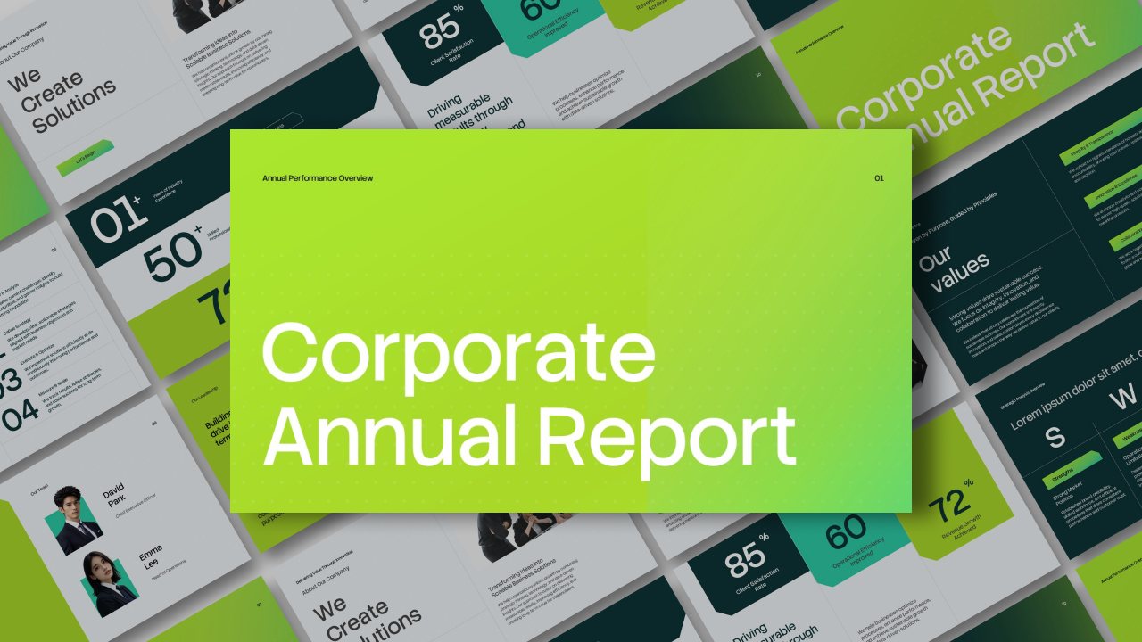 Corporate Annual Report Template - bright green cover slide with white title text and slide preview thumbnails