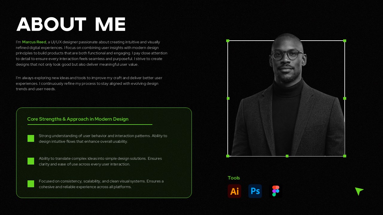 Creative Portfolio About Me Template - Professional introduction with photo, background story, and core strengths