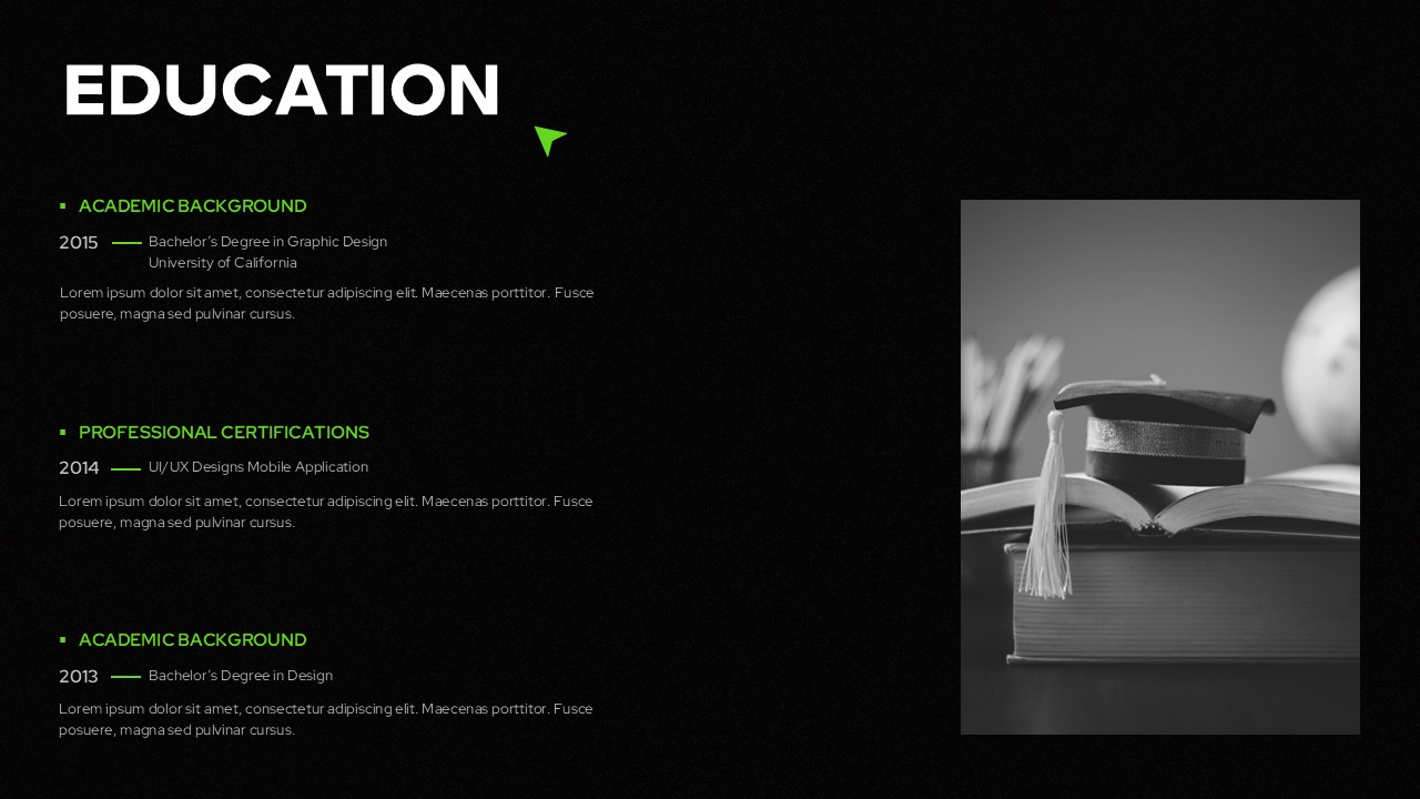 Creative Portfolio Education Template - Academic timeline featuring degrees and certifications with graduation imagery