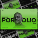 Creative Portfolio Google Slides Template - Dynamic 3D collage showcasing multiple portfolio slides in perspective