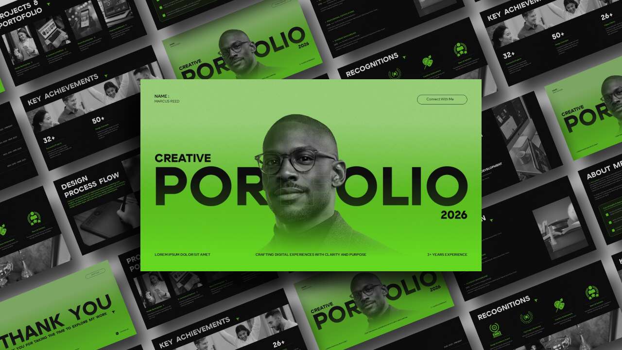 Creative Portfolio Google Slides Template - Dynamic 3D collage showcasing multiple portfolio slides in perspective