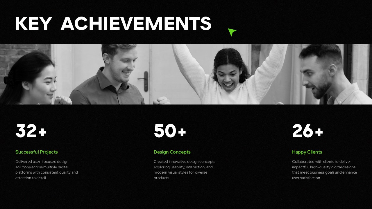 Creative Portfolio Achievements Template - Quantified success metrics with celebratory imagery and bold statistics