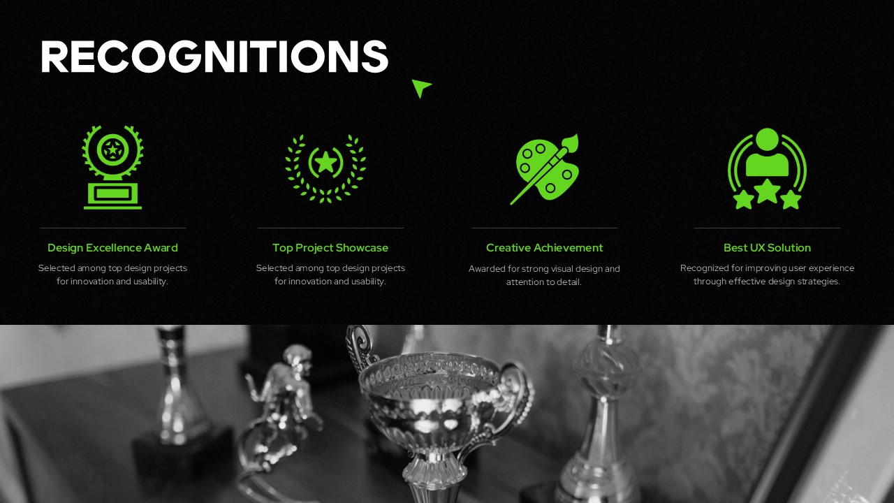 Creative Portfolio Awards Template - Four recognition categories with trophy imagery highlighting design excellence