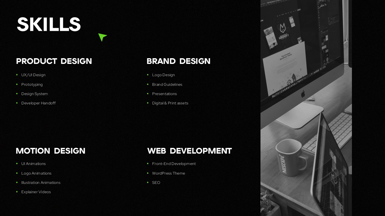 Creative Portfolio Skills Template - Four-category grid displaying design expertise with workspace imagery