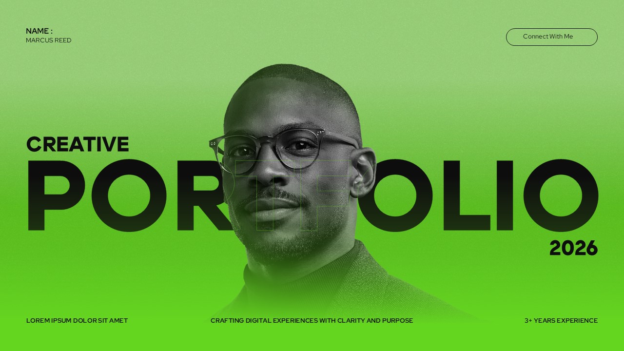 Creative Portfolio Template - Bold green cover featuring Marcus Reed's professional headshot with modern typography