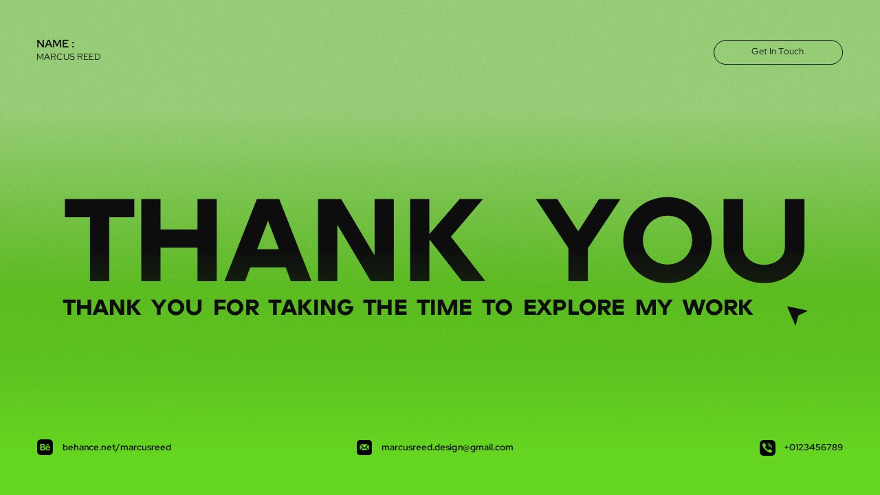 Creative Portfolio Thank You Template - Closing slide with contact details and appreciation message on green background