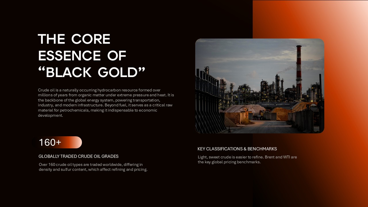 Crude Oil Dynamics slide explaining petroleum fundamentals and classifications with industry statistics and benchmarks