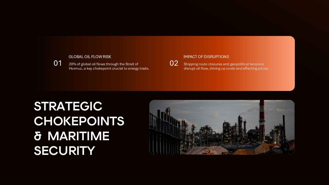 Crude Oil Dynamics slide analyzing critical oil shipping routes and maritime transportation security risks